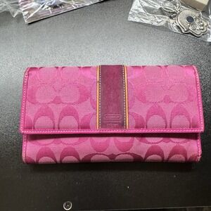 Coach Signature Checkbook Wallet Pink Jacquard Leather Flap Organizer
